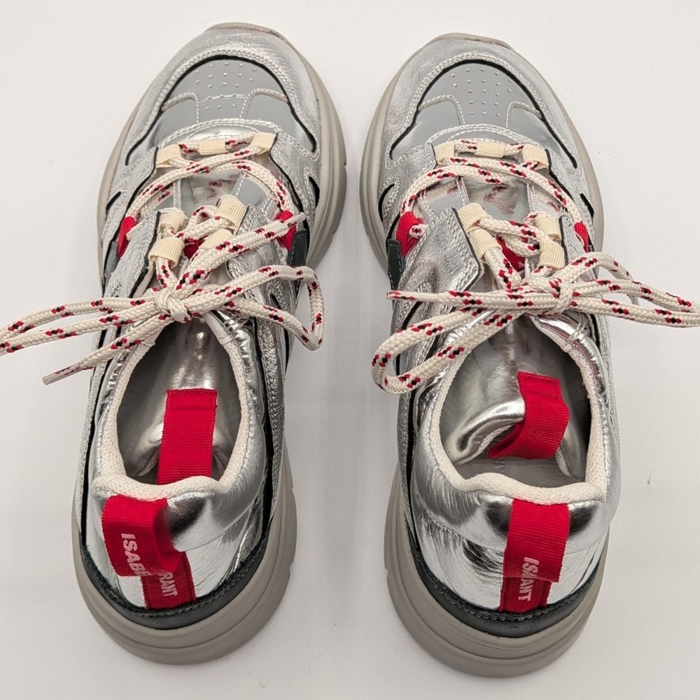 Isabel Marant 37EU 7US $590 Kindsay Metallic Silver Red Chunky Low Top Sneakers - Picture 12 of 12